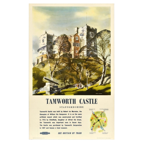 Travel Poster Tamworth Castle British Railways Staffordshire. Original vintage travel poster by British Railways for Tamworth Castle in Staffordshire, featuring an artwork by British artist Ronald Maddox (1930-2018) depicting the castle on the hill, text below reads - Tamworth Castle was built by Robert de Marmion, the Champion of William the Conqueror. It is on the same artificial mound which was constructed and fortified (c.913) by Ethelfleda, daughter of Alfred the Great, for Tamworth was important even in Saxon days. The Castle was purchased by Tamworth Corporation in 1897 and houses a local museum. Printed by Jordison and Co. Good condition, folds, creasing, tears. Country of issue: UK, designer: Ronald A Maddox, size (cm): 102x63, year of printing: 1965.