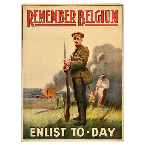 War Poster Remember Belgium Enlist Today WWI. Original antique World War One recruitment poster - Rembmer Belgium Enlist To-Day - featuring an illustration of a soldier in uniform holding a bayonet rifle in his hands, and a mother running away with her child leaving the Belgian village engulfed in fire behind. The poster calls out to the viewer to remember Germany's invasion of Belgium and atrocities committed against civilians and prisoners of war at that time and enlist. Published by the Parliamentary Recruiting Committee, London. Printed by Henry Jenkinson Ltd Kirkstall, Leeds. Good condition, restored paper losses, restored tears, restored folds, staining, backed on linen. Country of issue: UK, designer: unknown, size (cm): 100x74, year of printing: 1914.