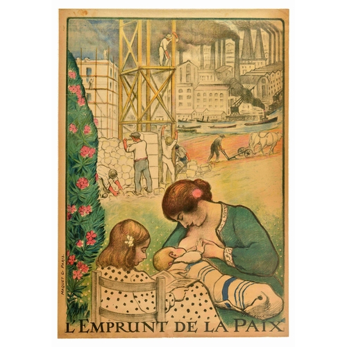 War Poster Set Emprunt De La Paix Peace Loan WWI. Set of 9 identical original antique World War One posters L'Emprunt de la Paix / The Peace Loan featuring an illustration of a mother nursing her child and a girl reading a book next to them in the shade of a blooming plant in the foreground, the middle ground shows men restoring the buildings destroyed during the First World War and a man is seen ploughing the field, the background of the poster depicts boats on the water, and smoke rising from the chimneys in the factories on the other bank of the river. Generally in good condition with some tears, staining, losses an folds, please inspect the photos. Country of issue: France, designer: Henri Lebasque, size (cm): 114x80, year of printing: 1910s.