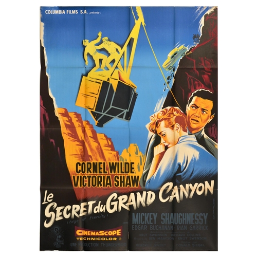 Movie Poster Edge Of Eternity Le Secret du Grand Canyon. Original vintage movie poster for Edge of Eternity / Le Secret du Grand Canyon, an American crime film about mysterious murders in a Grand Canyon mining town, directed by Don Siegel, starring Cornel Wilde and Victoria Shaw, the poster features an illustration of a hugging couple, a fight scene, and a car running off the cliff. Large size. Good condition, folds, creasing, tears on folds and edges, minor staining. Country of issue: France, designer: Grineson, size (cm): 160x116, year of printing: 1950s.