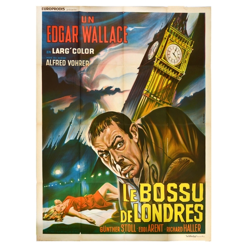 Movie Poster Hunchback Of Soho Edgar Wallace Le Bossu De Londres . Original vintage movie poster for Le Bossu de Londres / The Hunchback of Soho, a 1966 crime horror film, on Edgar Wallace's story, directed by Alfred Vohrer, starring Gunther Stoll, Eddi Arent, Richard Haller, the poster features an illustration of a hunchback man in the foreground, a lady in a red dress laying on the ground, the Big Ben towering above the rooftops of Houses of Parliament, and cloudy night skies above. Printed by La Lithotyp, Paris. Large size. Good condition, folds, creasing, foxing, tears, minor staining. Country of issue: France, designer: Renato Casaro, size (cm): 160x120, year of printing: 1966.