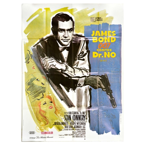 Movie Poster James Bond Dr No 007 Secret Agent Spy. Original vintage movie poster for a French Re-release of James Bond Dr. No, a 1962 spy action adventure film directed by Terence Young, starring Sean Connery, Ursula Andress and Joseph Wiseman, the poster features an illustration of James Bond holding a cigarette and a gun with smaller images of ladies looking at him and silhouettes of fights on green and blue backgrounds. Large size. Very good condition, folds, creasing. Country of issue: France, designer: unknown, size (cm): 157x115, year of printing: 1970s.