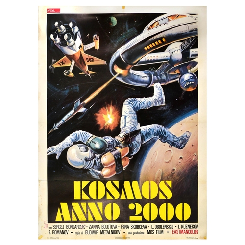 Movie Poster Kosmos Anno 2000 SciFi USSR Alien Space. Original vintage movie poster for the Italian release of Kosmos Anno 2000 or Dr. Iven's Silence a 1974 Soviet Science Fiction film directed by Budimir Metalnikov, starring Sergej Bondarcuk, Zanna Bolotova, Irina Skobceva and others, the poster features an astronaut floating in space with Alien spaceship above a planet. Large size. Good condition, restored folds, restored tears, staining, tape on edges, writing on reverse visible, backed on linen. Country of issue: Italy, designer: unknown, size (cm): 140x102, year of printing: 1976.