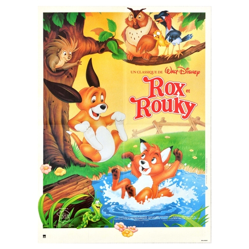 Movie Poster Rox Rouky Fox And The Hound Walt Disney. Original vintage movie poster for Rox et Rouky / The Fox and the Hound, a 1981 animation film by Walt Disney, the poster features an illustration of a fox splashing in the water and a hound jumping into the water, with birds on the tree and a squirrel waiving at them. Very good condition, folds as issued, minor staining. Country of issue: France, designer: unknown, size (cm): 79x58, year of printing: 1980s.