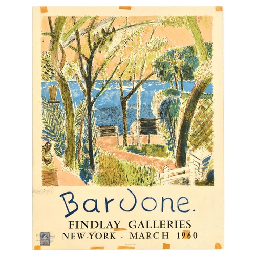 Art Exhibition Poster Bardone Findlay Galleries. Original vintage advertising poster for Guy Bardone (French, 1927-2015) artwork exhibition at Findlay Galleries New York in March 1960 featuring a great design depicting a view towards the sea with green trees in the foreground. Printed by Mourlot. Fair condition, tape on edges, creasing, tears, pinholes, staining, paper skimming, stamp in bottom left corner, Ink stamp in bottom left corner. Country of issue: France, designer: Guy Bardone, size (cm): 65x50, year of printing: 1960.