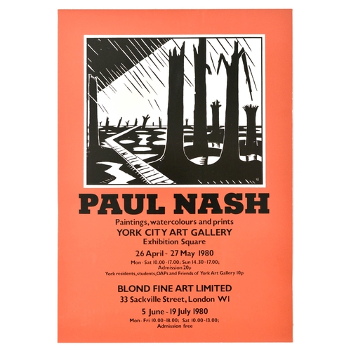 Advertising Poster Paul Nash York City Art Gallery Paintings Watercolours Prints. Original vintage advertising poster for Paul Nash Paintings, Watercolours and Prints exhibition at York City Art Gallery Exhibition Square from 26 April to 27 May 1980 and Blond Fine Art Limited from 5 June to 19 July 1980, the poster features a black and white image of a path along broken trees. Paul Nash (1889-1946) was a British surrealist painter and war artist, photographer, writer and designer of applied art, an English Modernism pioneer. Very good condition, creasing on edges.  Country of issue: UK, designer: Unknown, size (cm): 59x42, year of printing: 1980.