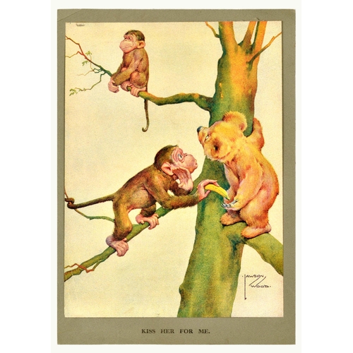 Advertising Poster Lawson Wood Kiss Her For Me Monkey Bear. Original vintage humorous poster titled Kiss Her For Me by an English painter, illustrator and designer Lawson Wood (1878-1957) featuring a fun and colourful illustration depicting a monkey giving a banana to a bear asking to kiss another monkey in a tree branch. Good condition, creasing, minor staining, attached to grey card by top edge. Country of issue: UK, designer: Lawson Wood, size (cm): 28x20, year of printing: 1930s.