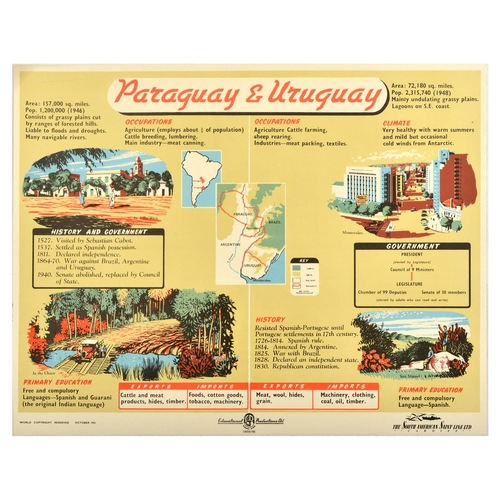 Travel Poster Paraguay Uruguay South American Saint Line. Original vintage travel poster for Paraguay and Uruguay featuring illustrations depicting Villa Rica, Chaco for Paraguay, and Montevideo and San Miguel for Uruguay, with the statistics on the area, population, occupations, climate, education, exports and imports, major history and government dates, and the government system. Educational Productions Ltd. The South American Saint Line Ltd Cardiff. Horizontal. Very good condition, minor staining. Country of issue: UK, designer: Unknown, size (cm): 49x61, year of printing: 1951.