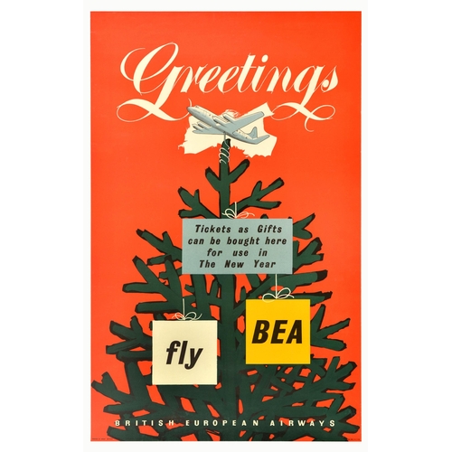 Travel Poster BEA Greetings Christmas New Year Airways. Original vintage travel poster for British European Airways BEA - Greetings. Tickets as Gifts can be bought here for use in The New Year. Fly BEA - featuring an illustration of a Christmas tree with white and yellow baubles and a plane tree-topper, set over a red background. Printed in Great Britain by Jordison and Co LTD. BEA was a British airline that operated services from 1946-1974, merging with BOAC and then forming part of British Airways.  Very good condition, creasing, small tears. Country of issue: UK, designer: Unknown, size (cm): 101x64, year of printing: 1956.