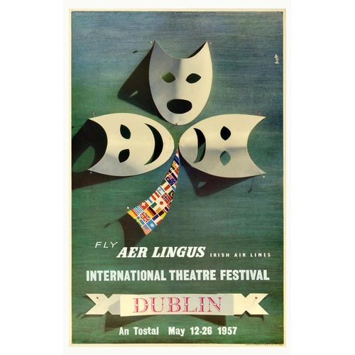 Travel Poster Aer Lingus Dublin International Theatre Festival. Original vintage travel advertising poster - Fly Aer Lingus Irish Air Lines - International Theatre Festival Dublin An Tostal May 12-26 1957 - featuring an illustration of white theatrical masks pinned to a green and blue background with a flag inset in the middle. Very good condition, minor creasing. Country of issue: UK, designer: Scott, size (cm): 100x63, year of printing: 1957.