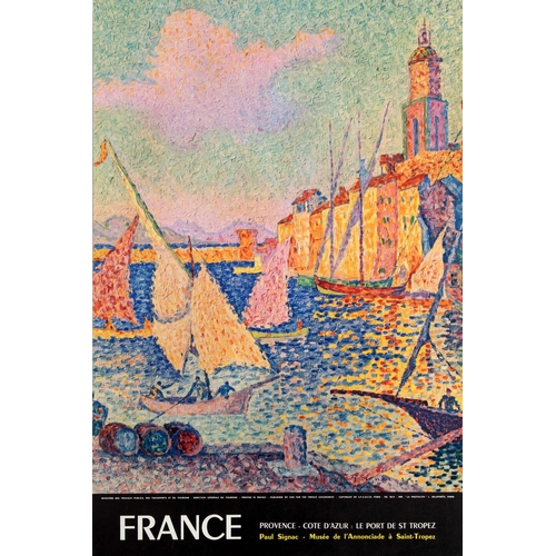 Travel Poster France Cote dAzur St Tropez Provence. Original vintage travel poster France - Provence - Cote d'Azur: St Tropez Port by a French Neo-Impressionist painter Paul Signac (1863-1935). The poster features a colourful painting of St Tropez port with sailboats on the water and buildings in the background, with pink and purple clouds in the blue sky. Excellent condition. Country of issue: France, designer: Paul Signac, size (cm): 60x40, year of printing: 1958