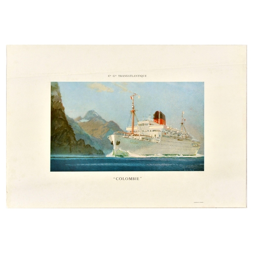 Travel Poster Colombie Cruise Liner Cie Glie Transatlantique. Original vintage travel poster for Compagnie Generale Transatlantique featuring an image of a cruise liner Colombie, Cie Glie Transatlanque also called the French Line launched Colombie in 1931, the ship was requisitioned during World War Two as an auxiliary cruiser, troop transport and a hospital ship, after the war the liner was sold to a Greek company and finally demolished in 1970. Printed in France. Horizontal. Good condition, fold, creasing, tears, minor staining. Country of issue: France, designer: Marin Marie, size (cm): 38x56, year of printing: 1950s.