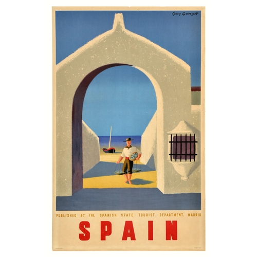 Travel Poster Spain Fisherman Guy Georget Midcentury. Original vintage travel poster for Spain featuring a great mid-century modern design by Guy Georget (1911-1992) depicting a fisherman walking with from a boat by the sea with a white gate in the foreground. Published by the Spanish State Tourist Department, Madrid. Good condition, restored tears, staining, creasing, backed on Japanese paper. Country of issue: Spain, designer: Guy Georget, size (cm): 100x63, year of printing: 1950s.