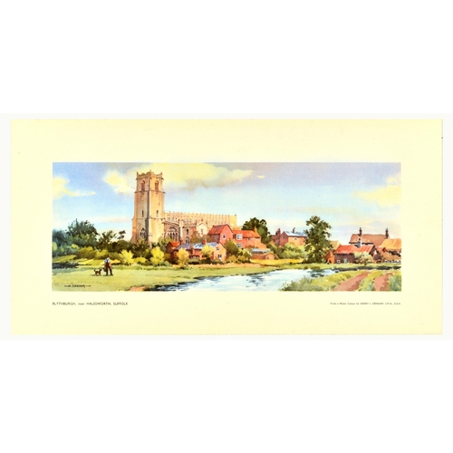 Travel Poster Blythburgh Halesworth Suffolk Henry J Denham Midcentury. Original vintage travel poster Blythburgh near Halesworth in Suffolk from a great watercolour by Henry J. Denham (1893-1962) depicting the Holy Trinity Church, buildings in the foreground, and a man with a dog near River Blyth. Horizontal. Good condition, creasing, small tears. Country of issue: UK, designer: Henry J. Denham , size (cm): 26x51, year of printing: 1950s.