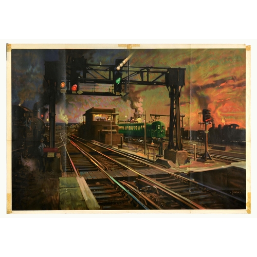 Travel Poster Railway Signal Box Terence Cuneo. Original vintage railway travel advertising poster featuring artwork by the notable British artist Terence Cuneo (1907-1996) depicting steam trains on a railway track with signal boxes and lights below a sunset sky. Horizontal. Large size. Fair condition, folds, creasing, tears, pinholes, small paper losses, staining, tape on edges. Country of issue: UK, designer: Cuneo, size (cm): 90x126, year of printing: 1960s.