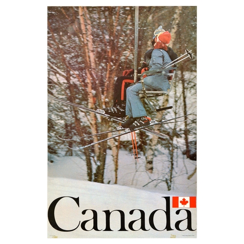 Travel Poster Canada Ski Lift Kiss Winter Sports Romance. Original vintage travel poster for Canada featuring a photograph of a couple sharing a kiss on a ski lift, with the Canadian flag above the title. Good condition, tape marks on bottom edge, pinholes, minor creasing. Country of issue: Canada, designer: Unknown, size (cm): 86x56, year of printing: 1970s.