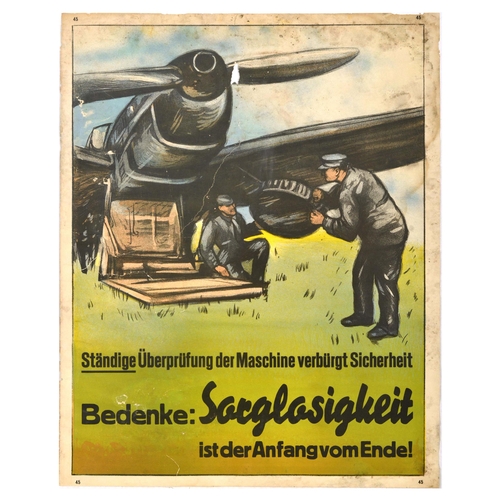 Propaganda Poster Plane Safety Carelessness Luftwaffe. Original vintage safety propaganda poster - Constant checking of the machine ensures safety. Remember: Carelessness is the beginning of the end / Standige Uberprufung der Maschine verburgt Sicherheit. Bedenke: Sorglosigkeit ist der Anfang vom Ende - featuring an illustration of two engineers checking the condition of a plane. Fair condition, tears, creasing, staining, paper losses,  Country of issue: Germany, designer: Unknown, size (cm): 71x56, year of printing: 1940s.