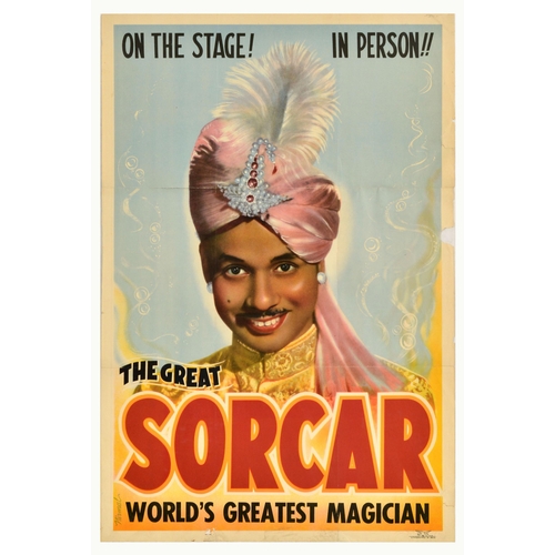 Advertising Poster The Great Sorcar India Magic Illusion Mystery Show. Original vintage advertising poster for The Great Sorcar World's Greatest Magician, featuring an illustration of a smiling gentleman in a golden tunic shirt, and a pink feather-adorned headdress set over a light blue background. Protul Chandra Sorcar (1913-1971) was an Indian magician, known for aerial suspension routine and an illusion of sawing a woman in half which was broadcast by the BBC. Fair condition, folds, repaired tears, creasing, staining, paper losses on edges, large horizontal tear across the whole poster repaired with water soluble tape on reverse. Country of issue: India, designer: Nirmal, size (cm): 76x51, year of printing: 1950s.