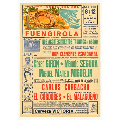 89 - Advertising Poster Fuengirola Costa Del Sol Bullring Bullfighting. Original vintage advertising post... 