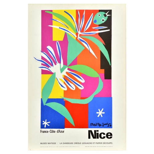 Advertising Poster Nice Cote d'Azur Matisse Museum The Creole Dancer. Original vintage travel advertising poster published by and for the French Government and the General Committee for Tourism to promote the city of Nice on the French Riviera - France Cote d'Azur - and the Matisse Museum / Musee Matisse (opened 1963) featuring a colourful image by the renowned French artist Henri Matisse (1869-1954) of his 1950 La Danseuse Creole gouache paint and cut-out paper artwork against a white background, the text below in stylised black letters. Printed in France by Imp. Mourlot.  Very good condition, creasing, small tears, minor printing errors. Country of issue: France, designer: Henri Matisse, size (cm): 102x67, year of printing: 1965.