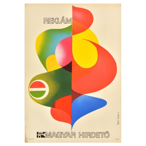 Advertising Poster Hungarian Advertising Magyar Hirdeto. Original vintage advertising poster for Magyar Hirdeto advertising featuring an abstract design in green, red, yellow and blue with the flag of Hungary set over a light background. Good condition, creasing, tears, staining. Country of issue: Hungary, designer: Simonyi E. - Pecsenke, size (cm): 83x58, year of printing: 1968.