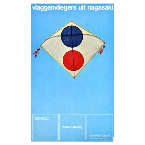 Advertising Poster Flagkites From Nagasaki Japan Kite. Original vintage advertising poster for Flagkites from Nagasaki / Vlaggenvliegers uit Nagasaki, an exhibition which took place from 16 October to 27 November 1970, the poster features a photograph of a kite with blue and red circle design and tassels set over a light blue background, the reverse features information on the origin of the Japanese word for kite. Good condition, creasing, paper losses on bottom corners, double sided. Country of issue: Netherlands, designer: Photo: Hans Pelgrom, size (cm): 63x38, year of printing: 1970.