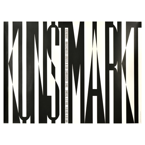 Advertising Poster Kunstmarkt Swiss Artist Art Market Fair. Original vintage advertising poster for Kunstmarkt Art market for artists from central Switzerland in Schmiedgasse, Stans on 8 December 1990, the poster features large black lettering set over a light background. Horizontal. Large size. Excellent condition, backed on linen. Country of issue: Switzerland, designer: Unknown, size (cm): 92x127, year of printing: 1990.