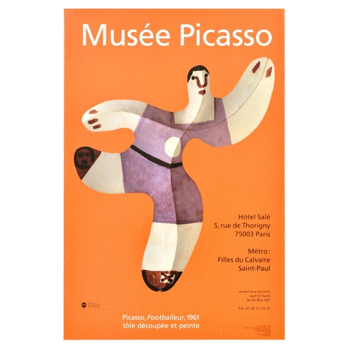 Advertising Poster Pablo Picasso Footballeur Art Museum. Original vintage advertising poster for an art museum Musee Picasso featuring Footballeur, a 1961 cut and painted sheet metal depicting a football player set over an orange background. Musee Picasso is an art gallery located in the Hotel Sale Paris, France, and is dedicated to the work of the Spanish artist Pablo Picasso (1881�1973). Good condition, creasing, repaired tears. Country of issue: France, designer: Unknown, size (cm): 60x40, year of printing: 1998.