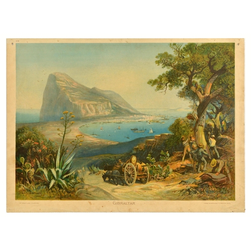 Travel Poster Rock of Gibraltar Franz Bukarz Chromolithograph. Original antique chromolithograph educational poster for Gibraltar featuring an illustration by Franz Bukarz depicting harvesting of a cork oak tree, an ox and a donkey pulling a car with large jugs amidst cacti, agave and other Mediterranean plants, towards the bay with sailships under the Rock of Gibraltar. Published as a part of Ad. Lehmann's geogr. Charakterbilder by Leipziger Schulbildervelag F.E. Wachsmuth, Leipzig. Horizontal. Fair condition, staining, tears, creasing, pinholes, punched holes on top edge. Country of issue: Germany, designer: Franz Bukarz, size (cm): 64x88, year of printing: 1900s.
