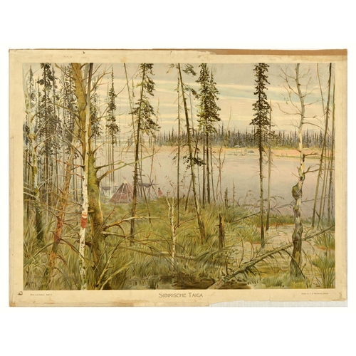 Travel Poster Siberian Taiga Imperial Russia Chromolithograph Sergei Yaguzhinsky. Original antique chromolithograph educational poster for Siberian Taiga / Sibirische Taiga after a painting by S. Yaguzhinsky featuring an illustration of a settlement with hide tents on both sides of a river with birch and pine trees in the foreground. Published by F.E. Wachsmuth, Leipzig. Horizontal. Yaguzhinsky Sergei Ivanovich (1862�1947) - Russian and Soviet painter, graphic artist, designer, artist of decorative and applied arts. He worked on book illustrations and propaganda posters. Taught a watercolor course at the Central Stroganov Central School of Art and Industry - the First State Free Art Workshops (1893�1919); from 1900 � member of the school�s educational committee.  He painted portraits and landscapes, and  book illustrations, including illustrations for Russian folk tales, works by A. S. Pushkin, N. V. Gogol (1902). He drew sketches for fabrics, wallpaper, furniture, labels, household items, and made visual aids on the geography of Russia. Among his design is a menu for the gala dinner celebrating the 300th anniversary of the reign of the House of Romanov (1913). Fair condition, paper losses, tears, creasing, staining, fabric and paper on edges. Country of issue: Germany, designer: Sergei Yaguzhinsky, size (cm): 65x87, year of printing: 1908.