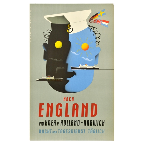 271 - Travel Poster Nach England Via Hoek Van Holland Harwich Ferry Dirksen  Midcentury Modern. Original v... 