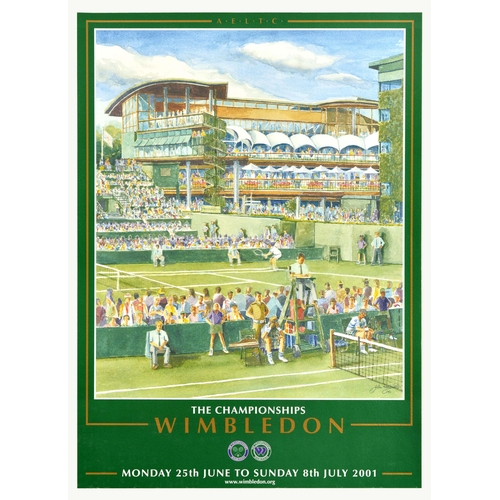Sport Poster Tennis Championships Wimbledon 2001 LTA. Original sport poster for The Championships Wimbledon from 25 June to 8 July 2001, featuring a view of the players and spectators on the tennis courts. Very good condition, bumps on edges. Country of issue: UK, designer: John Davies, size (cm): 72x51, year of printing: 2001.