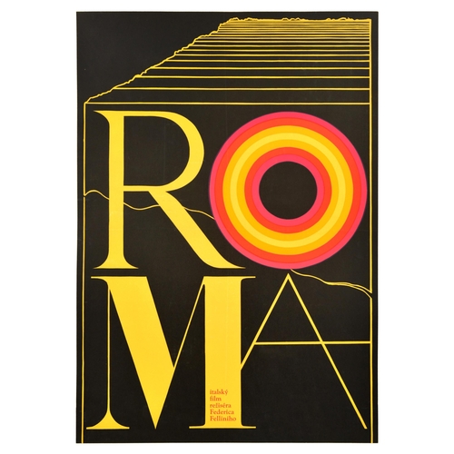 Movie Poster Roma Federico Fellini Zdenek Ziegler. Original vintage movie poster for Roma, a 1972 drama film by Federico Fellini based on his life, starring Britta Barnes, Peter Gonzales Falcon, and Fiona Florence, featuring yellow lettering with red, pink orange and yellow design set over a black background. Very good condition, repaired tears, fold marks, backed on linen. Country of issue: Czechoslovakia, designer: Zdenek Ziegler, size (cm): 84x59, year of printing: 1970s.