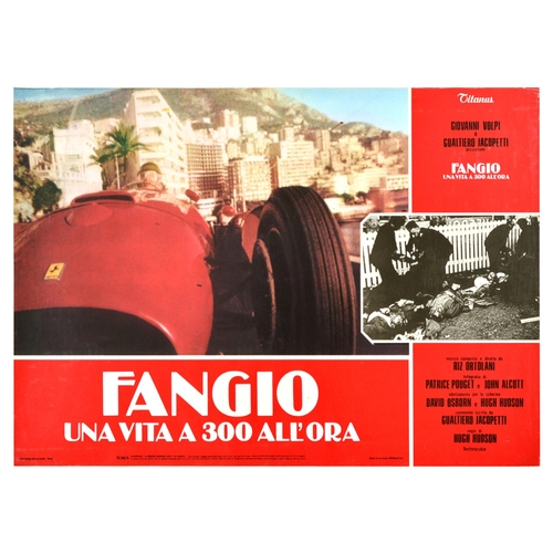 Movie Poster Fangio Life At 300 Per Hour Formula One Documentary. Original vintage movie poster for Fangio: Una vita a 300 all'ora / Fangio: A life at 300 an hour, a 1981 documentary film about Formula One champion Juan Manuel Fangio, directed by Hugh Hudson and starring Fangio as himself, the poster features an image of Fangio driving a Maserati F1 car, with an inset of people who suffered in an accident, bold white and black lettering set over a red background. Horizontal. Good condition, creasing. Country of issue: Italy, designer: Unknown, size (cm): 46x66, year of printing: 1980s.