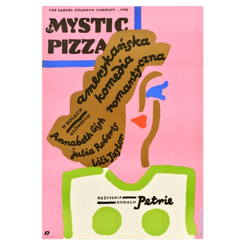 Movie Poster Mystic Pizza Gish Roberts Taylor Comedy. Original vintage movie poster for the Polish release of Mystic Pizza, a 1988 American romantic comedy directed by Donald Petrie, starring Annabeth Gish, Julia Roberts and Lili Taylor, featuring an illustration of a lady in a green top, with stylised lettering set over her brown hair on a pink background.  Very good condition, minor creasing, small tears. Country of issue: Poland, designer: Jan Mlodozeniec, size (cm): 96x67, year of printing: 1988.