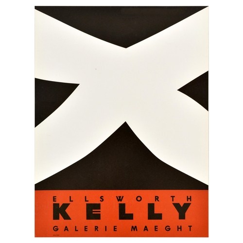 Advertising Poster Ellsworth Kelly Galerie Maeght Art Exhibition. Original vintage advertising poster for Ellsworth Kelly exhibition at Galerie Maeght featuring a minimalist illustration of a white cross set over a black background with bold lettering below on an orange background. Ellsworth Kelly (1923-2015) was an American painter, sculptor, and printmaker associated with hard-edge painting, Color Field painting and minimalism.  Very good condition, minor stain. Country of issue: France, designer: Ellsworth Kelly, size (cm): 65x49, year of printing: 1958.