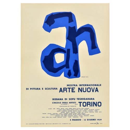 Advertising Poster Arte Nuova Painting Sculpture Art Exhibition. Original vintage advertising poster for Arte Nuova International exhibition of painting and sculpture from 5 May to 15 June 1959 with Ikebana by Sofu Teshigahara, Torino artists' circle, featuring blue lettering design set over a light background, the text below lists participating artists. Very good condition, creasing, Country of issue: Italy, designer: Armando Testa, size (cm): 70x50, year of printing: 1959.