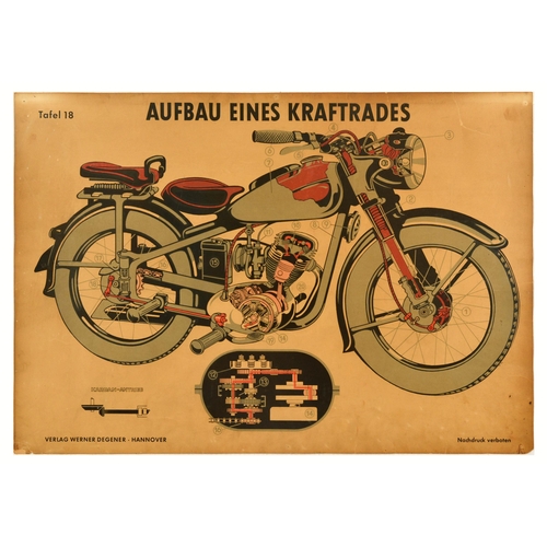 Advertising Poster Motorcycle Construction Cutout Aufbau Eines Kraftrades. Original vintage education Construction of a motorcycle / Aufbau eines Kraftrades Tafel 18 featuring an illustration of a motorcycle with a smaller inset of the motorcycle chain. Published by Werner Degener, Hannover. Horizontal. Fair condition, browning, staining, pinholes, creasing, repaired tears, paper loss in bottom left corners. Country of issue: Germany, designer: Unknown, size (cm): 60x86, year of printing: 1950s.