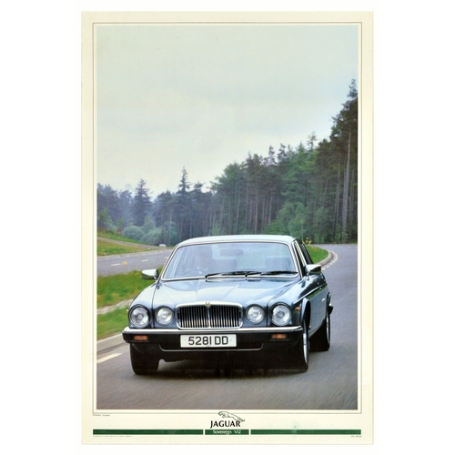 Advertising Poster Jaguar Sovereign V12 Perthshire Scotland. Original vintage advertising poster for the Jaguar Sovereign V12 model featuring an image of the car on the road with pine trees in the background in Perthshire, Scotland. The Jaguar Sovereign V12 is a luxury grand tourer manufactured and marketed by British car manufacturer Jaguar Cars from 1972. Printed by H.A. Smith and Sons LTD., Coventry, England. Good condition, minor staining, minor creasing, small tears. Country of issue: UK, designer: Unknown, size (cm): 76x51, year of printing: 1970s.