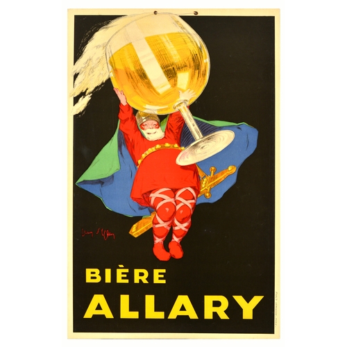 Advertising  Poster Biere Allary Beer Jean DYlen Alcohol Drink. Original antique advertising poster sign for Biere Allary featuring a great design by Jean D'Ylen (Jean Paul Beguin, 1886-1938) depicting a smiling man with a cape and sword holding an oversized glass of beer set over a black background. Good condition, staining, backed on board, punched holes with metal ringlets with string. Country of issue: France, designer: Jean D'Ylen, size (cm): 55x35, year of printing: 1920s.
