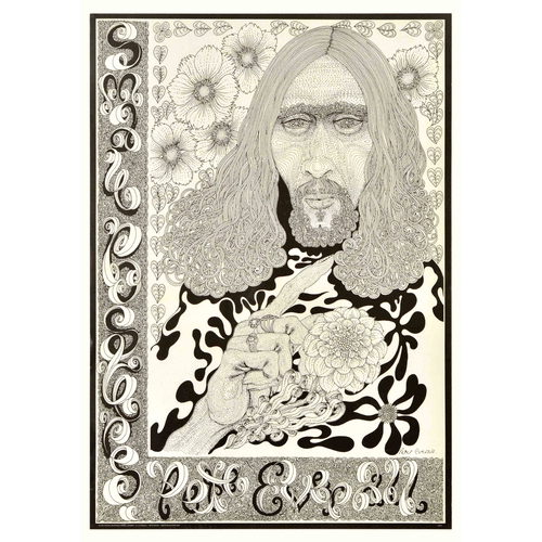 Advertising Poster Hippy Smile Posers Pete Everall. Vintage poster titled - New Image - Design by Peter Everall features a black and white psychedelic illustration of a hippy man with long hair and a beard surrounded by flowers. Bordered by stylised curly text. Printed in England by Athena Reproductions. Athena is a British art retailer founded in 1964 best known for its iconic posters.1970 Athena Reproductions London. Very good condition, minor creasing, small tears. Country of issue: UK, designer: Peter Everall , size (cm): 80x56, year of printing: 1970.