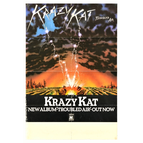 Advertising  Poster Krazy Kat Troubled Air Rock Music. Original vintage music advertising poster for the Troubled Air album by Krazy Kat, an English rock quintet active in the mid-to-late 1970s. The poster features a lightning strike with the dark skies above and a split earth below. Fair condition, folds, creasing, large repaired tears, staining. Country of issue: UK, designer: Unknown, size (cm): 76x51, year of printing: 1977.