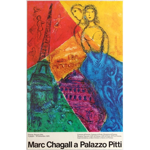 Art Exhibition Poster Marc Chagall Palazzo Pitti Florence. Original vintage advertising poster for Marc Chagall Exhibition held in Palazzo Pitti Florence. Good condition, creases and small tears on margins. Country: Italy. Year: 1978. Designer: Marc Chagall. Size: 99.5 x 64.