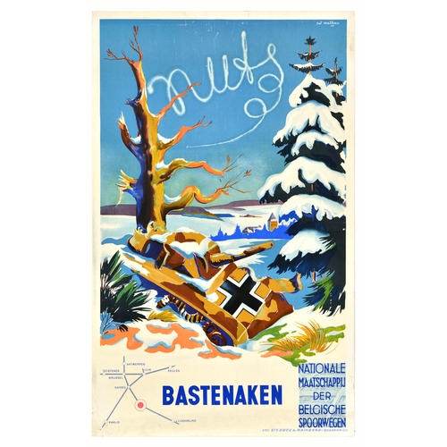 223 - Travel Poster Bastogne Belgian National Railway Nazi Tank. Original vintage post-WWII railway travel... 