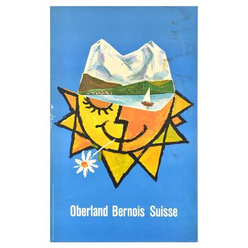 Travel Poster Oberland Bernois Suisse Switzerland. Original vintage travel advertising poster for Oberland Bernois Suisse / Bernese Oberland Switzerland featuring a fun illustration of a sun with a flower in its mouth and a lake with a sailboat and mountains resembling a hat on its head set over a blue background. Fair condition, staining, creasing, small tears, paper skimming. Country of issue: Switzerland, designer: R. Rausis, size (cm): 102x64, year of printing: 1960s.