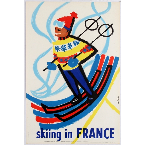 Skiing in France Poster Midcentury Modern. Original vintage poster advertising Skiing in France. Fun and colourful mid-century image of a skier. Excellent condition.Country: France, Year: 1959, Artist: Constantin, Size (cm): 60x40