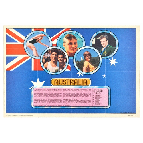 Sport Poster Australia Olympics World Sports Athletes. Original vintage sport poster taken from a set of 16 that celebrated Olympic victories for different nations - This poster focuses on Australia and features famous Australian athletes pictured inside the iconic Olympic rings with the national flag in the background. Stylised title in an orange banner with a summary of athletic achievements below including their record of medals at the time and notable athletic performances through history. The athletes pictured are swimmer K. Moras, marathon runner D. Clayton, swimmer S. Gould, sprinter R. Boyle and swimmer M. Wenden. Information supplied by World Sports. Poster set produced for the Munich 1972 Olympics in Germany. Good condition, fold marks. Country of issue: UK, designer: Unknown, size (cm): 22x32, year of printing: 1972.