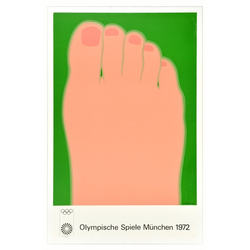 Sport Poster Munich Olympics 1972 Tom Wesselmann Foot. Original vintage sport poster for the 1972 Summer Olympic Games that took place from 26 August to 11 September 1972 in Munich, the poster features a bright illustration of a foot set over a green background. Design by Thomas K. Wesselmann (1931-2004), an American artist associated with the Pop Art movement. Good condition, crease marks, restored tear on image, backed on linen.  Country of issue: Germany, designer: Tom Wesselmann, size (cm): 100x65, year of printing: 1972.