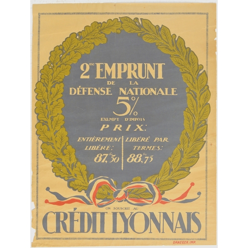 War Poster Credit Lyonnaise War Loan WWI France. Original vintage propaganda poster issued to promote 2nd issue of a war loan raised by Credit Lyonnais in France.  Acceptable condition, repaired tears, paper losses at margins, creasing, minor staining. Country of issue: France, designer: Unknown, size (cm): 79x60, year of printing: 1910s.