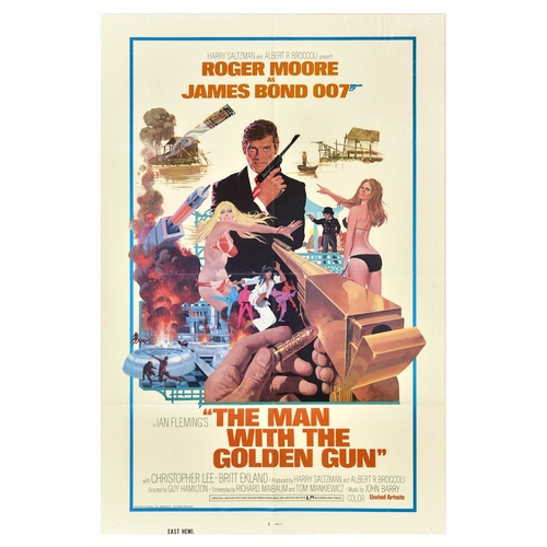 Movie Poster James Bond The Man With The Golden Gun. Original vintage cinema poster for the James Bond movie The Man with the Golden Gun starring Roger Moore as James Bond agent 007, Christopher Lee and Britt Ekland and directed by Guy Hamilton with the title song performed by Lulu and composed by John Barry. Great artwork depicting Roger Moore as James Bond holding a gun surrounded by images of film scenes, including women in bikinis, martial arts fighters, an explosion in a futuristic building and scenes along a river in an Asian village with a golden gun pointing at James bond in the foreground, being loaded with a bullet engraved with the number 007 on it. Artwork by the American artist Robert E McGinnis. Good condition, folds, fold marks, creasing. Country of issue: USA, designer: Robert McGinnis, size (cm): 104x69, year of printing: 1974.